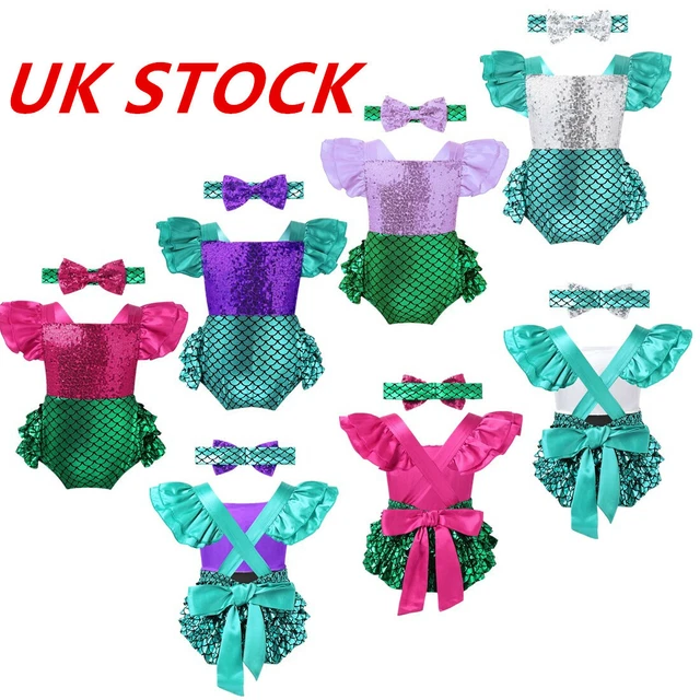 UK Baby Girls Mermaid Costumes Romper Bodysuit Shiny Birthday Party 2PCS Outfits