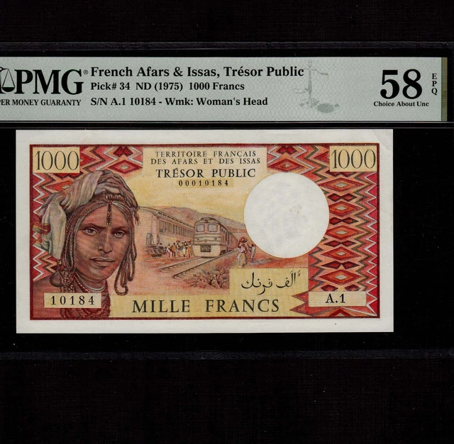 French Afars & Issas 1000 Francs 1975 P-34 * PMG AU 58 EPQ *