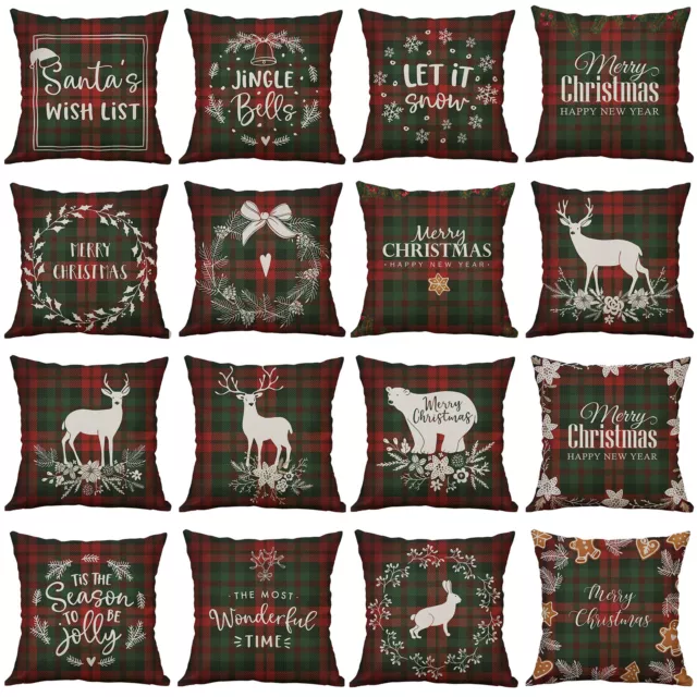 Christmas Greeting over Tartan Checkered Plaid Throw pillow Cases Cushion Cover