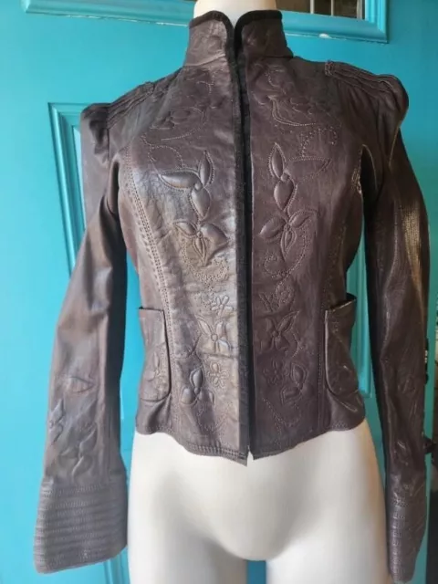 Elie Tahari Corset Waist Brown Embossed Leather Jacket Sz Xs