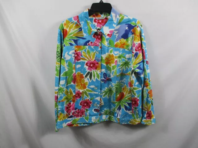 Laura Ashley Jacket Womens XL Blue Floral Button Up Long Sleeve Cotton