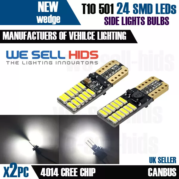 2x T10 24 SMD LED WHITE 4014 CANBUS HIGH POWERED 6000K BULBS SIDELIGHT 501 w5w