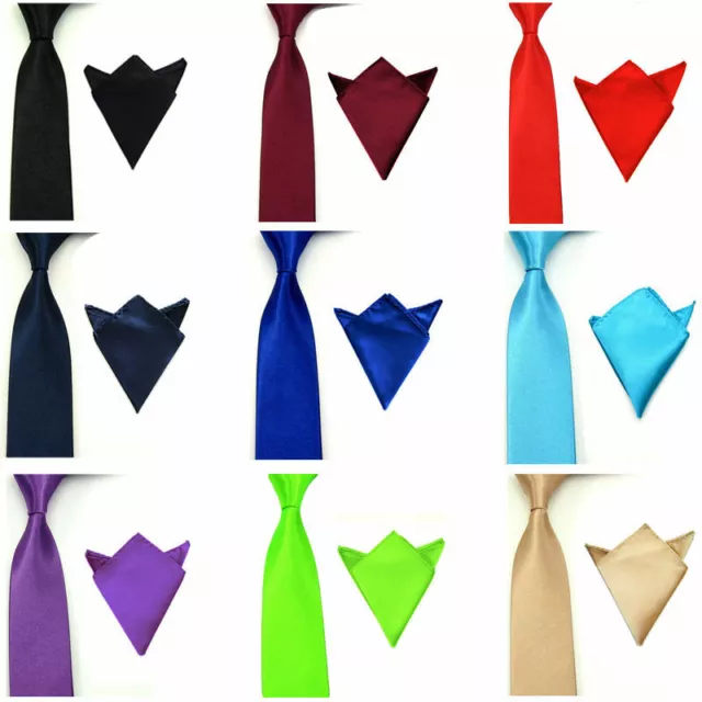 Men Satin Solid Color Necktie Tie Hanky Handkerchief Pocket Square Set