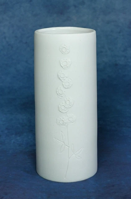 RARE Hilary Roberts Studio Pottery White Porcelain Cylinder Vase Floral Relief