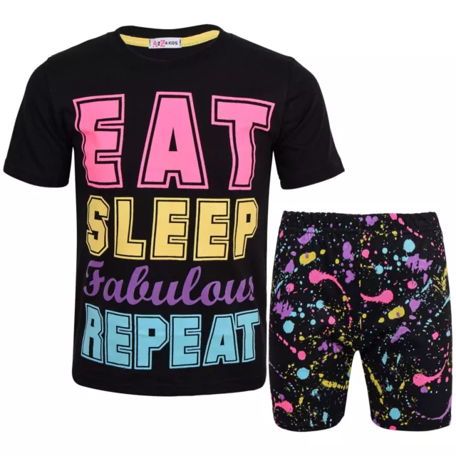 Bambini Unisex Nero Pigiama Splash Stampa Contrasto Top Fondo Set Pantaloncini