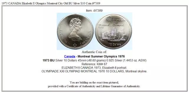 1973 CANADA Elizabeth II Olympics Montreal City Old BU Silver $10 Coin i97389 3