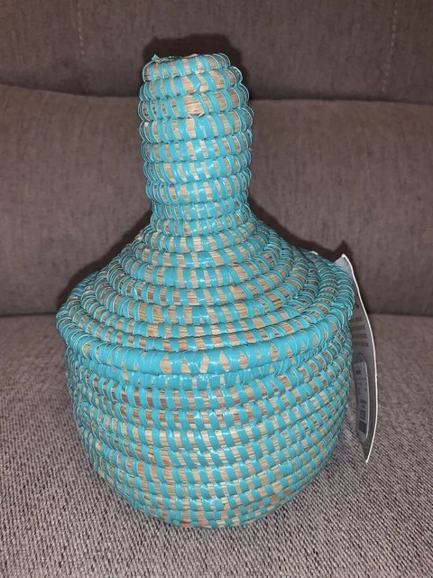 Senegal Small Hand Woven Basket Pot with Lid Recycled Multicoloured Storage 8” H