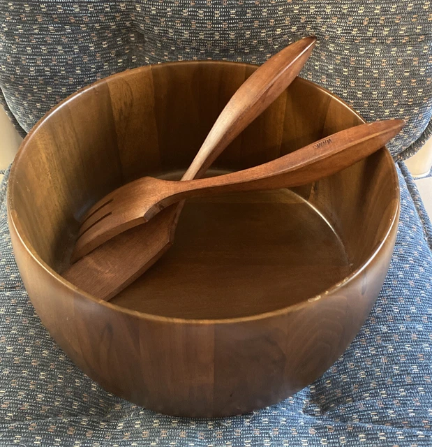 Vintage Solid Walnut Salad Bowl With Serving Utensils