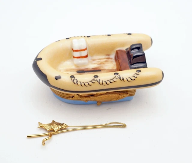 New Nautical French Limoges Trinket Box Zodiac Boat & Remov. Fishing Rod w Fish