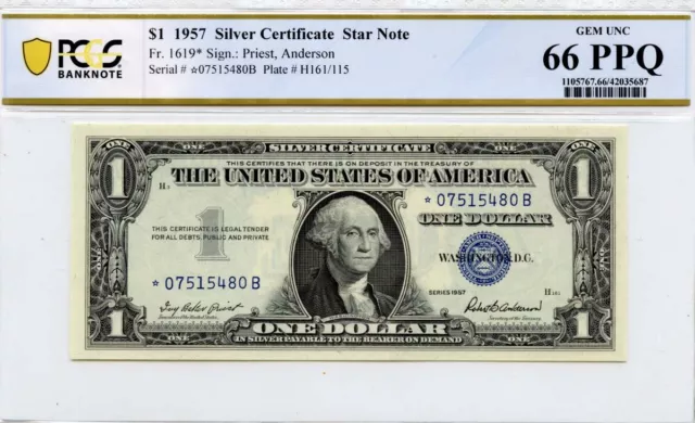 1957 $1 Silver Certificate FR#1619* PCGS Gem 66 PPQ