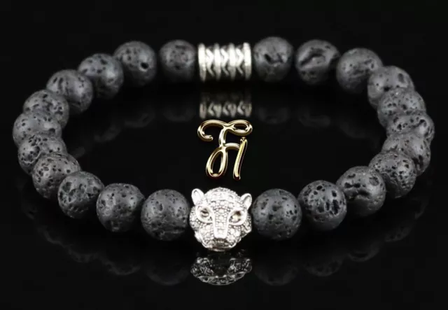Lave Noir - Couleur Argent Tête de Tigre - Bracelet de Perles 8mm