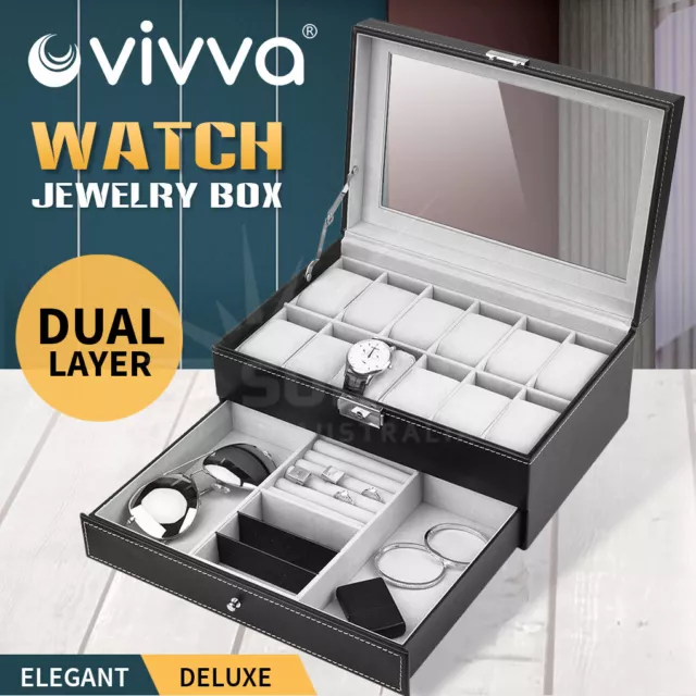 Watch Jewelry Display Case Storage Holder Box Gift 12 Grids Organizer PU Leather