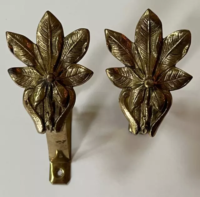 Vtg Pair Decorative Solid BRASS CURTAIN ROD BRACKET FLOWER Motif OTTAVIA GERMANY