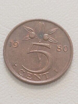 COIN THE NETHERLANDS 5 CENT 1980 JULIANA XF five coin Kayihan coins T107