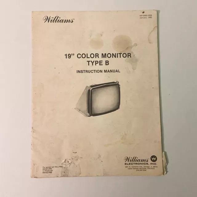 Vintage 1982 Williams 19 Inch Color Monitor Type A and B Service Manual Torn