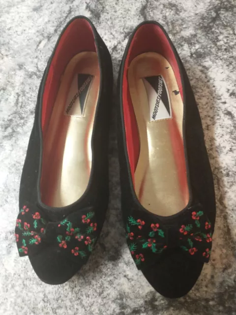 Vtg Women's Mootsies Tootsies Black Velour Christmas Bow Shoes From The 1980's