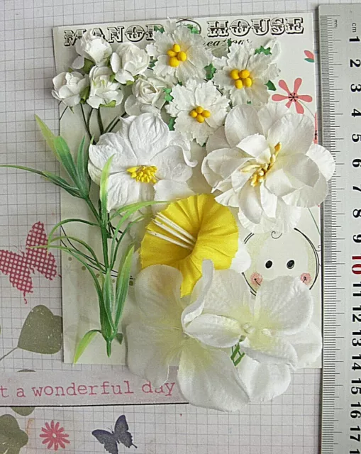DAFFODIL WHITE & YELLOW 14 Flowers & Roses 3Tones 6Styles PAPER SILK 20-50mm HH5