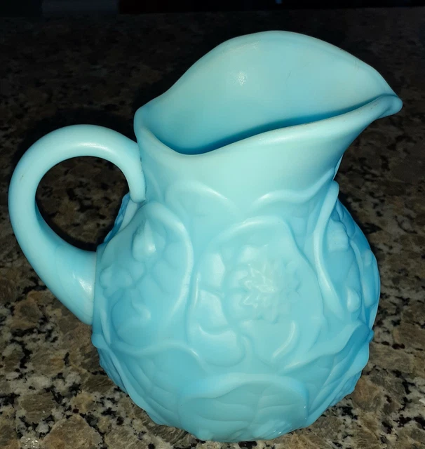 FENTON PITCHER BLUE Satin Water Lily Milk Glass 7" Vintage EXCELLENT