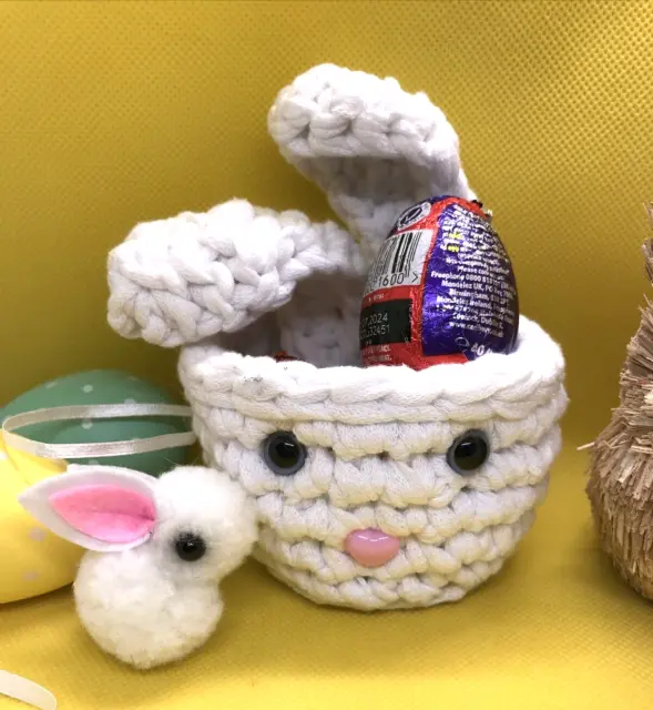 Cesta de conejo de huevos de Pascua mediana blanca 100 % reciclada algodón conejo