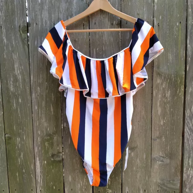 NWT Boohoo maternity swimsuit size M navy orange white stripe flounce shoulder