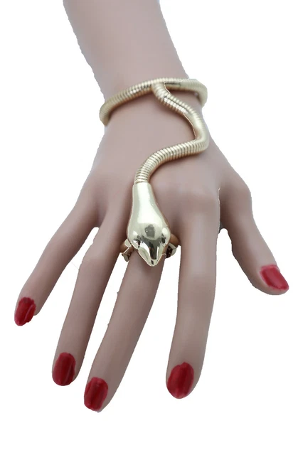 Bracelet Chaîne Serpent En Métal Doré Pour Femme - Avec Tête De Serpent Et Perles, Style Chic