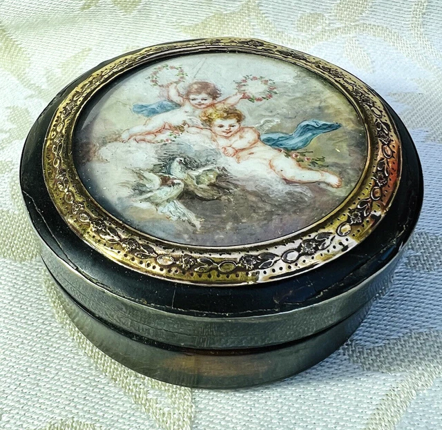 Faux Tortoiseshel Box Boite Miniature Ecaille A Bijoux Pilule Ange Angelot 19Eme
