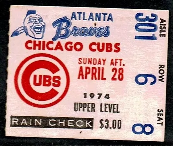 1974 Baseball Ticket Braves Cubs Hank Aaron Billy Williams Hr #379 Rbi #1300 Hof