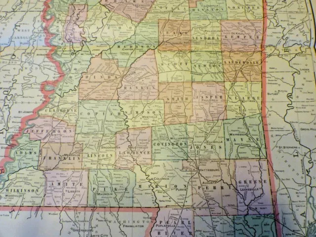 Vintage 1903 Missisippi Map 14"x22" Old Antique Original  Crams Atlas
