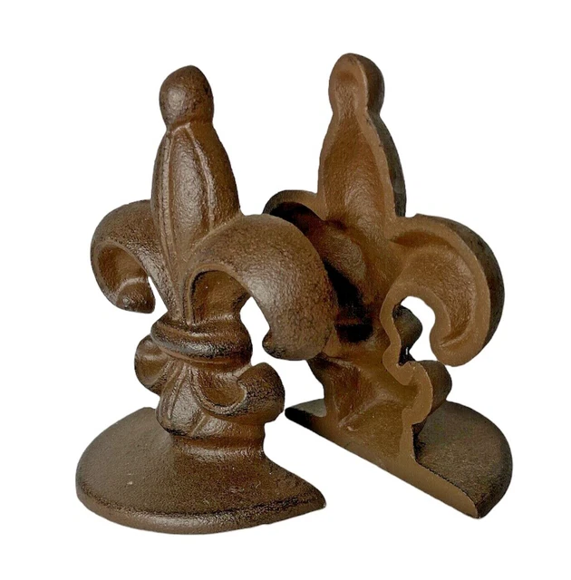 PAIR of Cast Iron FLEUR DE LIS Bookends / Door Stops Rustic Brown Finish