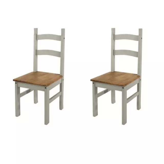 Pair of 2 Dining Chairs Grey Waxed Solid Pine Wood Seat Kitchen Dining Room Set