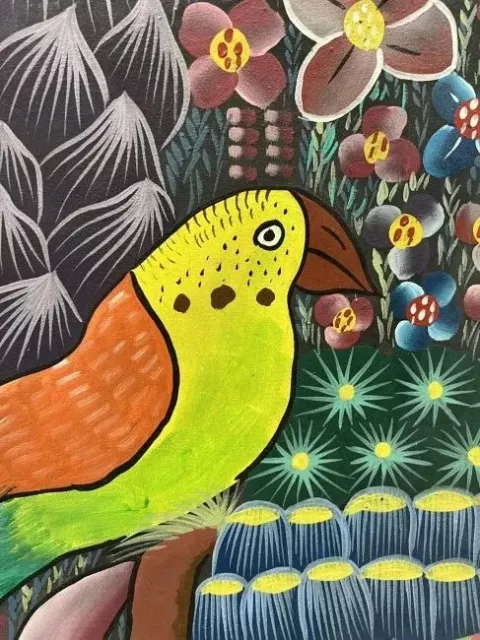 ORIGINAL HAITIAN ART PAINTING BY FRITZ JEAN HAITI BIRD IN FOREST 24x20 2