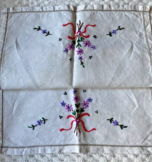 VINTAGE  IVORY  IRISH LINEN TRAY CLOTH HAND WORKED  FLORAL EMBROIDERY 19" x 12"