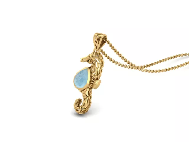 Seepferdchen Fisch Anhänger Birne Form Larimar 14k Gelbgold Damen Halskette