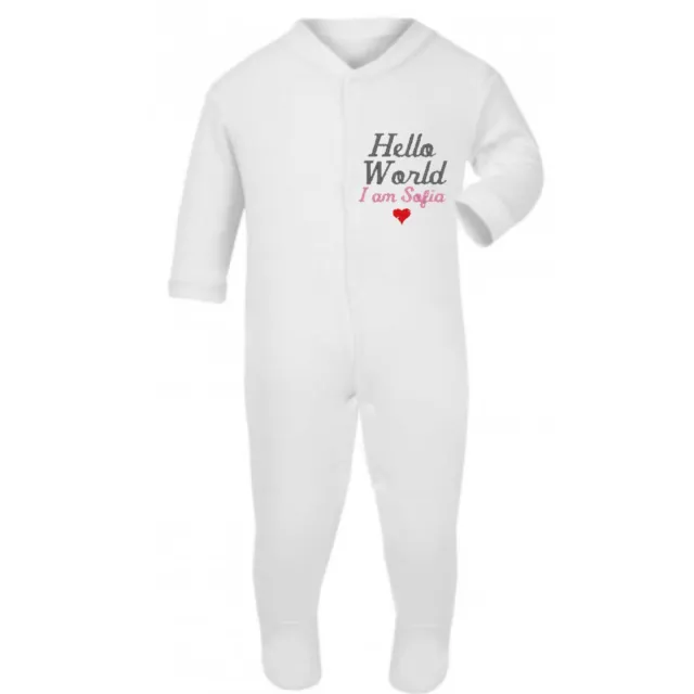 Hello World Sleepsuit Personalised Babygrow Heart Name Baby Announce Embroidered