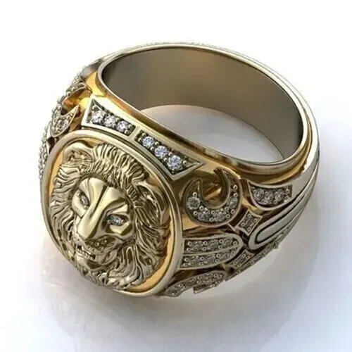 3.50Ct Round Cut Real Moissanite Men's Lion Ring 14K Yellow Gold Plated