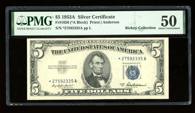 DBR 1953-A $5 Silver STAR Fr. 1656* PMG AU-50 Serial *27592335A