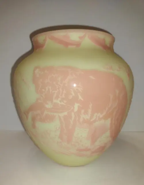 Fenton Glass Burmese Kelsey Murphy Cameo Sand Carved "Salmon Run" Bear Vase Ltd