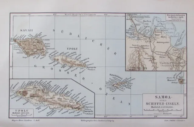 1897 Samoa oder Schiffer Inseln - Lithografie alte Landkarte old map