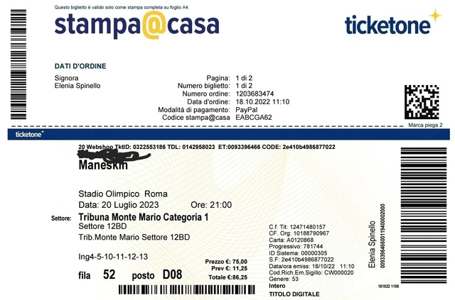 2 biglietti concerto Maneskin 20 luglio 2023 stadio olimpico
