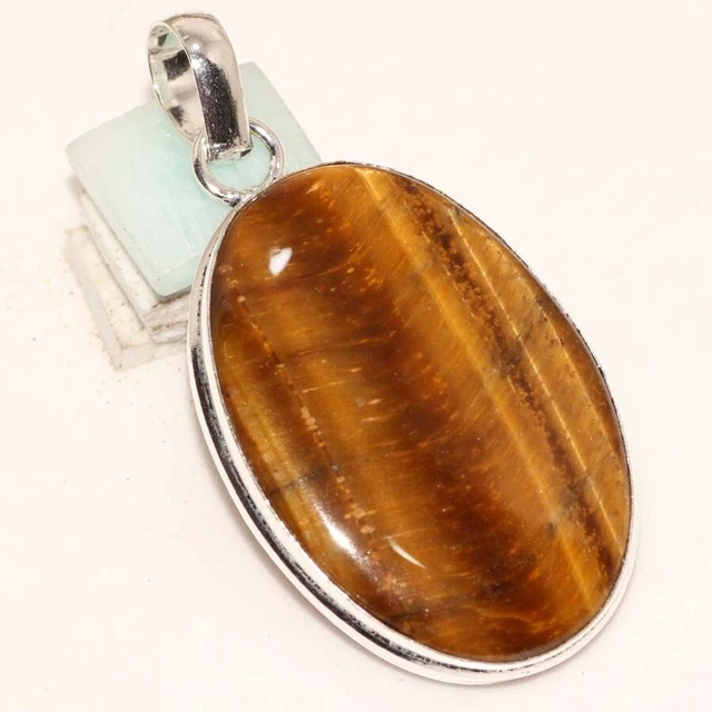 Tiger Eye 925 Silver Plated Gemstone Handmade Pendant 2" Jewelry GW