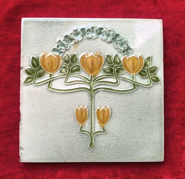 1 Piece Old Art Deco Embossed Design Used Majolica Ceramic Tiles England 0394