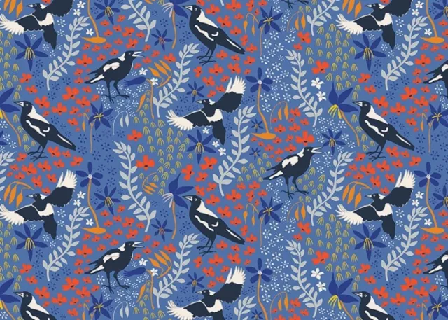 Merry Magpies Blue Australian Birds Taking Flight Cotton Quilting Fabric 1/2 YD 2