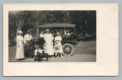 Family Outing in Covered Car w Dog RPPC Antique Real Photo Postcard 1910s