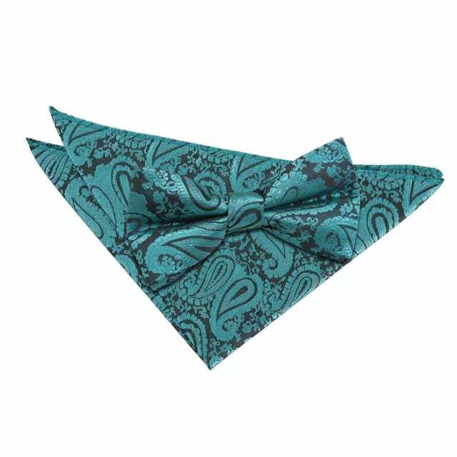 Teal Mens Pre-Tied Bow Tie Hanky Wedding Set Woven Floral Paisley by DQT