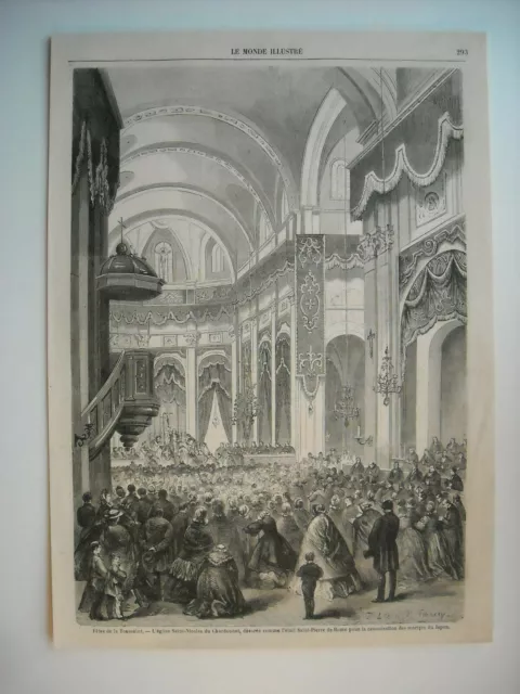 1862 Engraving. Fetes De La Toussaint. The Church Of Saint-Nicolas Du Chardonnel.