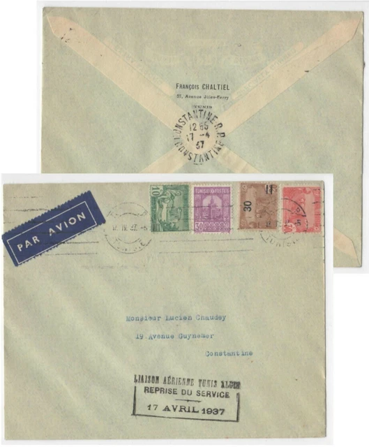 Jewish Judaica cover 1937 Tunis Tunisia to Constantin - FRANCOIS CHALTIEL