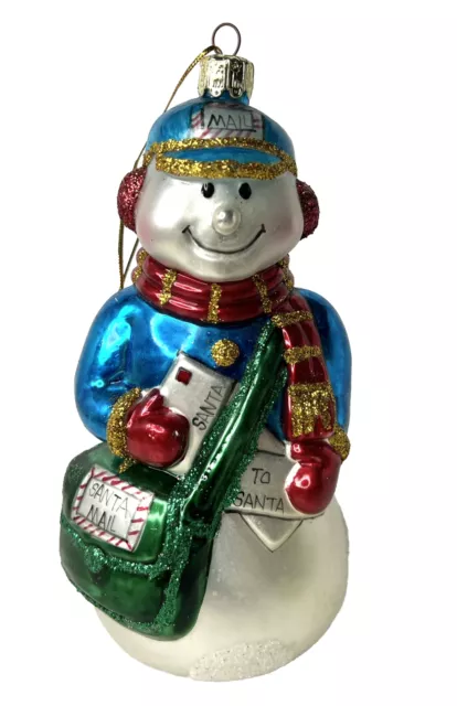 Hand Blown Glass Snowman Ornament Mailman Santa Letter 7” Santa’s Best