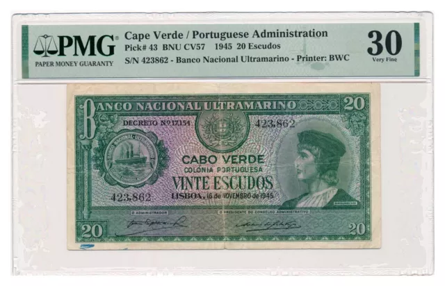 CAPE VERDE banknote 20 Escudos 1945 PMG grade VF 30 Very Fine
