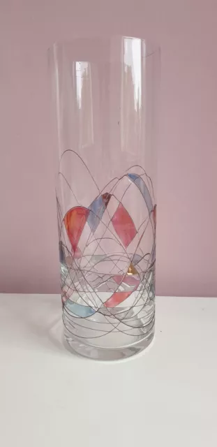 Tall Art glass vase with red, blue and gold.