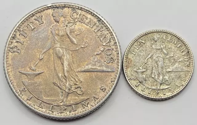 1944 Silver (.750 ) Philippines 50 Centavos & 10 Centavos - Free Shipping